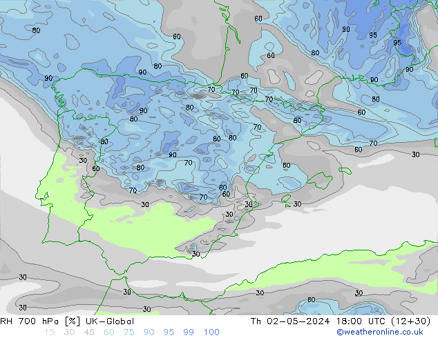 Humidité rel. 700 hPa UK-Global jeu 02.05.2024 18 UTC