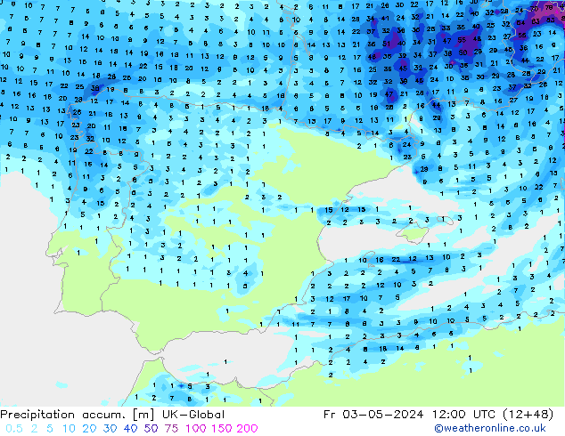 Precipitation accum. UK-Global Fr 03.05.2024 12 UTC