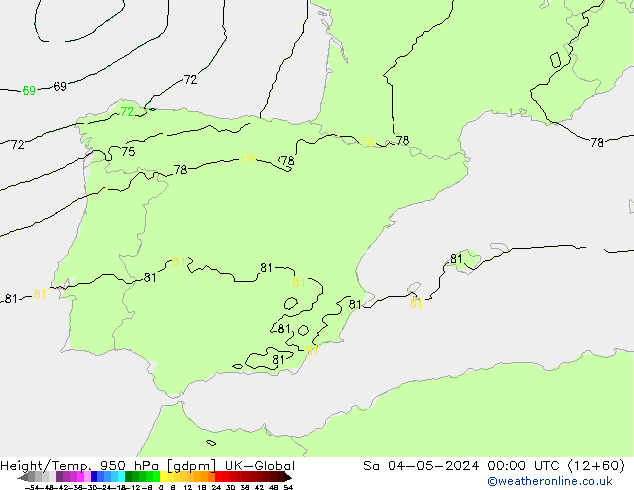 Height/Temp. 950 hPa UK-Global Sáb 04.05.2024 00 UTC