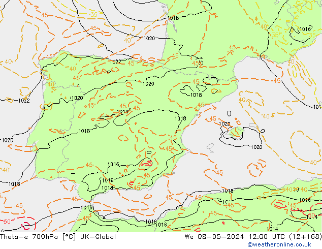 Theta-e 700hPa UK-Global mié 08.05.2024 12 UTC