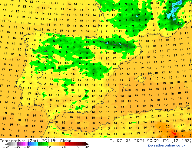 Sıcaklık Haritası (2m) UK-Global Sa 07.05.2024 00 UTC