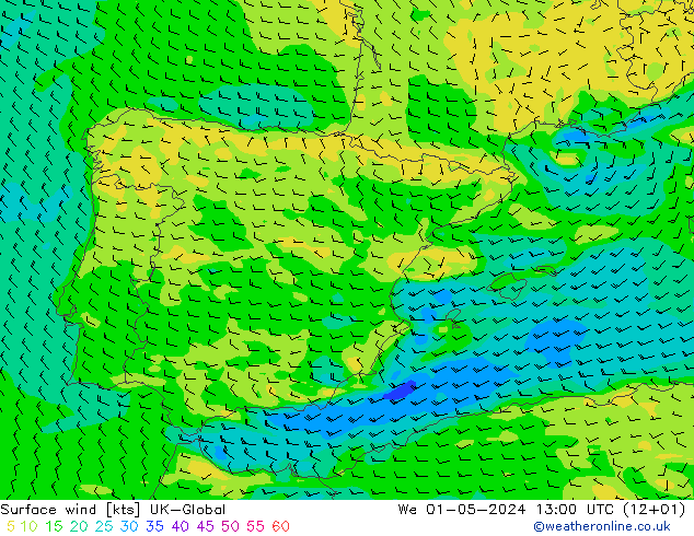 Surface wind UK-Global We 01.05.2024 13 UTC