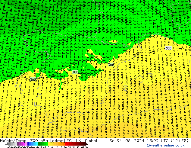 Height/Temp. 700 hPa UK-Global  04.05.2024 18 UTC