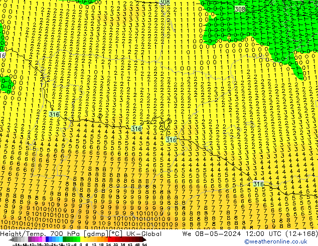 Hoogte/Temp. 700 hPa UK-Global wo 08.05.2024 12 UTC