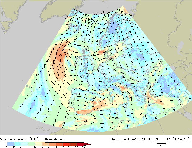 Vento 10 m (bft) UK-Global Qua 01.05.2024 15 UTC