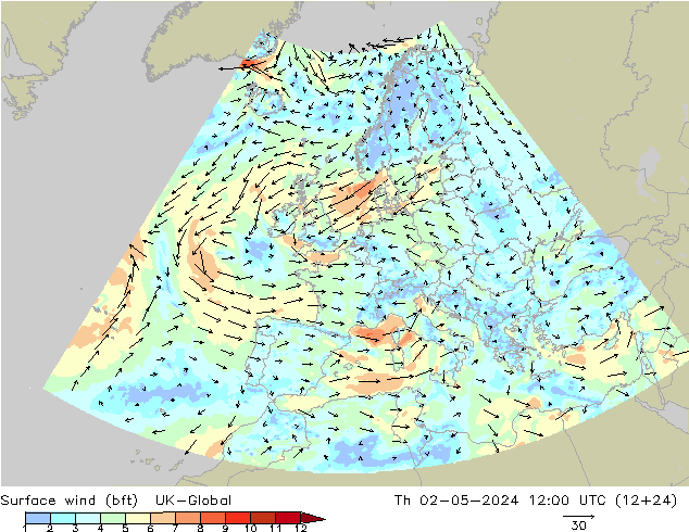 Wind 10 m (bft) UK-Global do 02.05.2024 12 UTC
