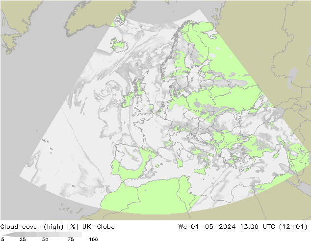 Cloud cover (high) UK-Global We 01.05.2024 13 UTC