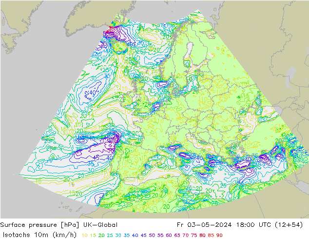 Isotachs (kph) UK-Global Fr 03.05.2024 18 UTC