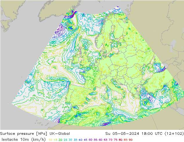 Isotachs (kph) UK-Global Вс 05.05.2024 18 UTC