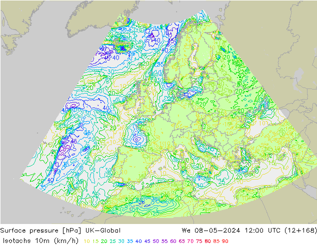 Isotachen (km/h) UK-Global Mi 08.05.2024 12 UTC