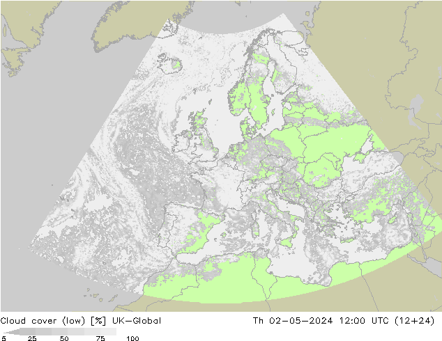 Nubes bajas UK-Global jue 02.05.2024 12 UTC