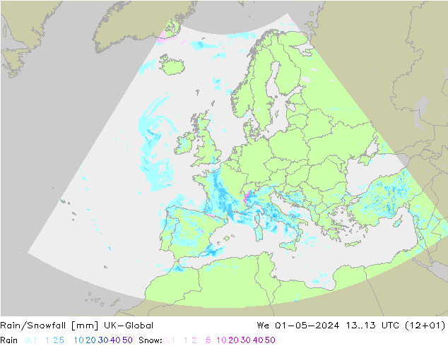 Rain/Snowfall UK-Global śro. 01.05.2024 13 UTC