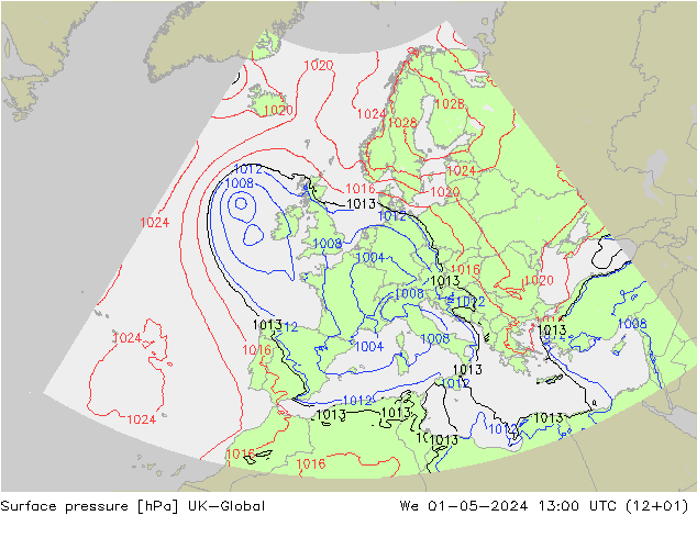 pressão do solo UK-Global Qua 01.05.2024 13 UTC