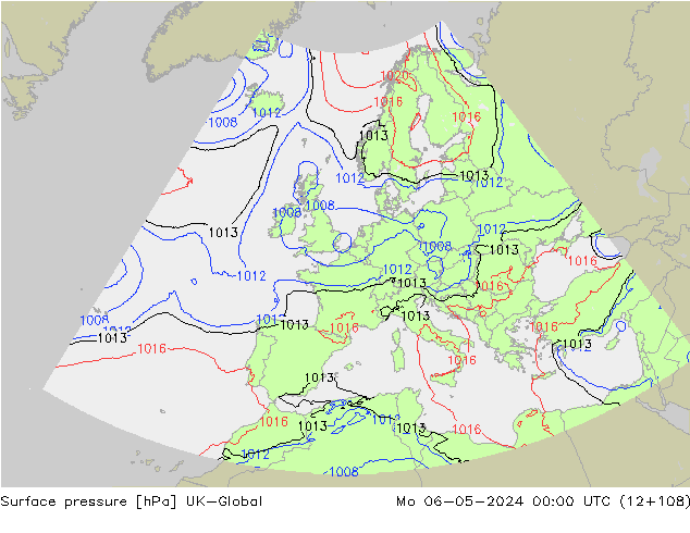 Surface pressure UK-Global Mo 06.05.2024 00 UTC