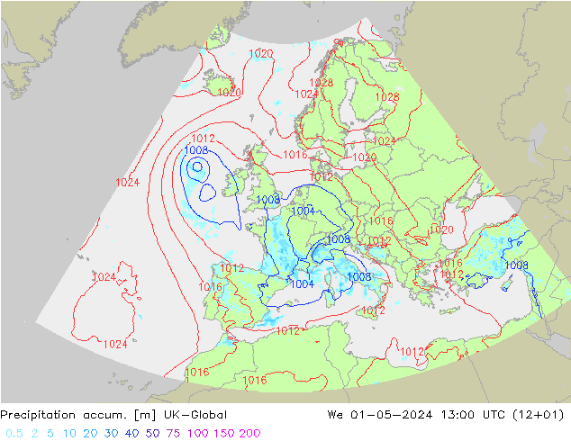 Precipitation accum. UK-Global We 01.05.2024 13 UTC