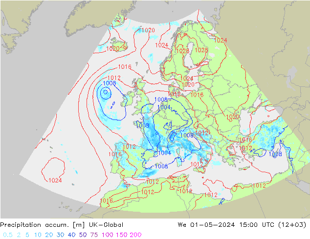 Precipitation accum. UK-Global śro. 01.05.2024 15 UTC