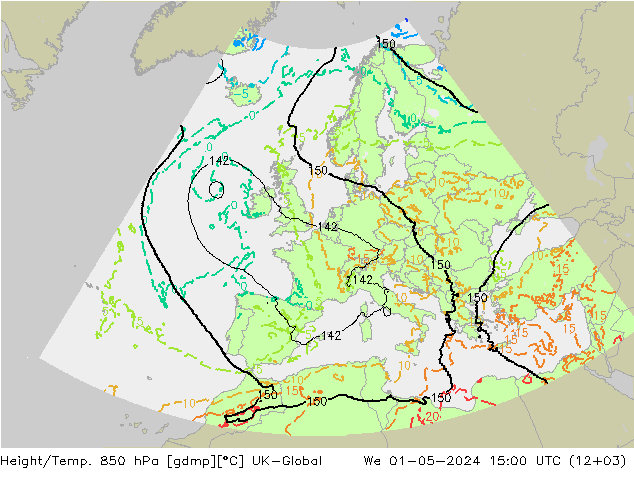 Height/Temp. 850 hPa UK-Global śro. 01.05.2024 15 UTC