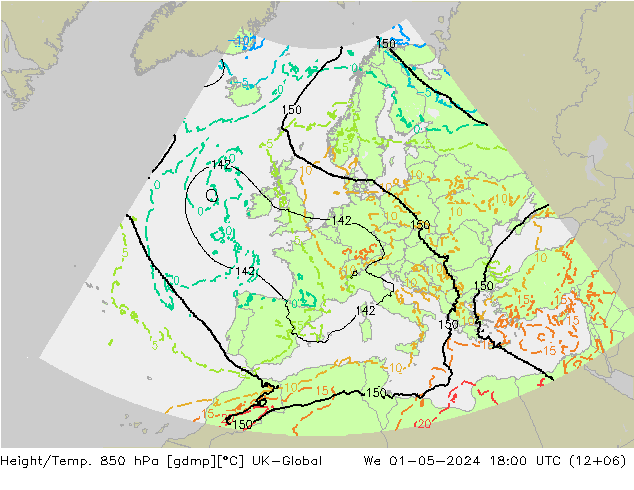 Height/Temp. 850 hPa UK-Global śro. 01.05.2024 18 UTC