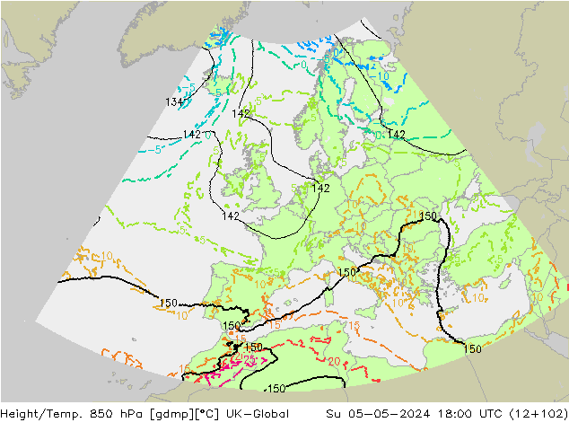 Yükseklik/Sıc. 850 hPa UK-Global Paz 05.05.2024 18 UTC