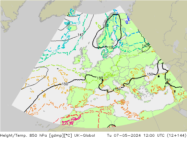 Height/Temp. 850 hPa UK-Global Tu 07.05.2024 12 UTC