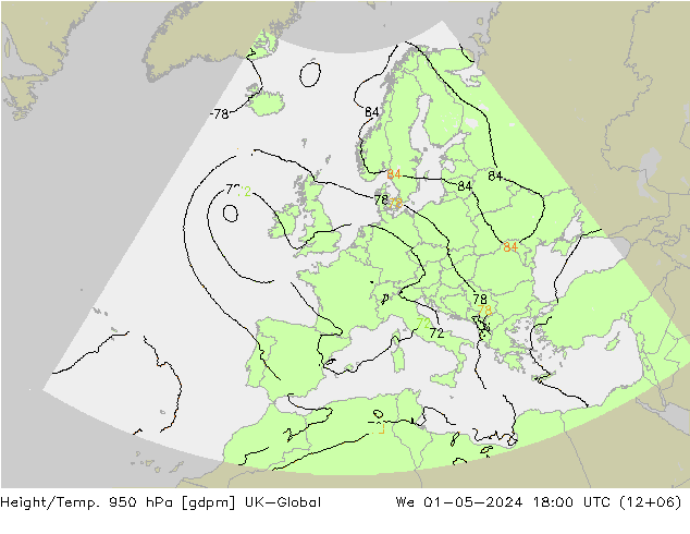 Height/Temp. 950 hPa UK-Global Mi 01.05.2024 18 UTC