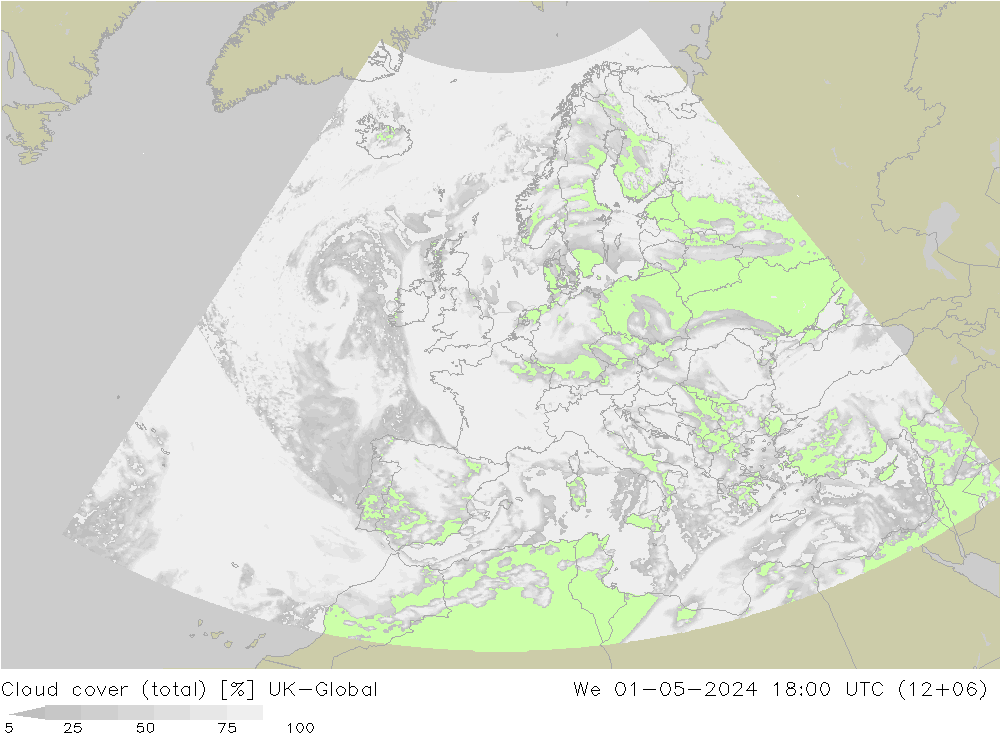 Cloud cover (total) UK-Global We 01.05.2024 18 UTC