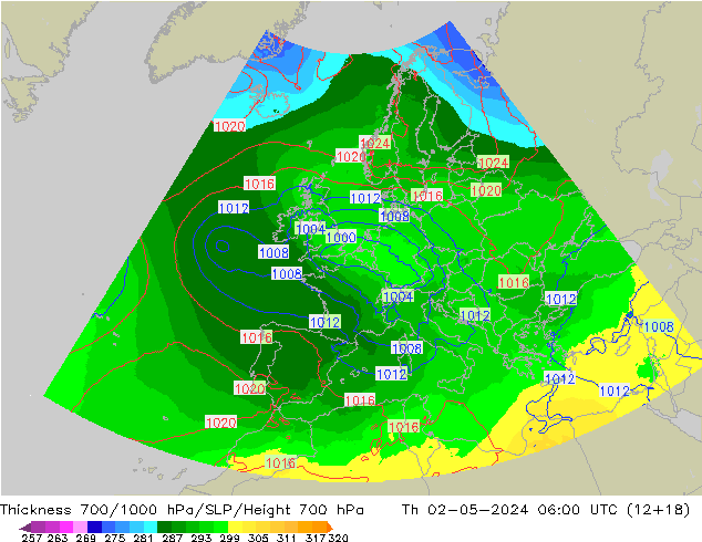 700-1000 hPa Kalınlığı UK-Global Per 02.05.2024 06 UTC