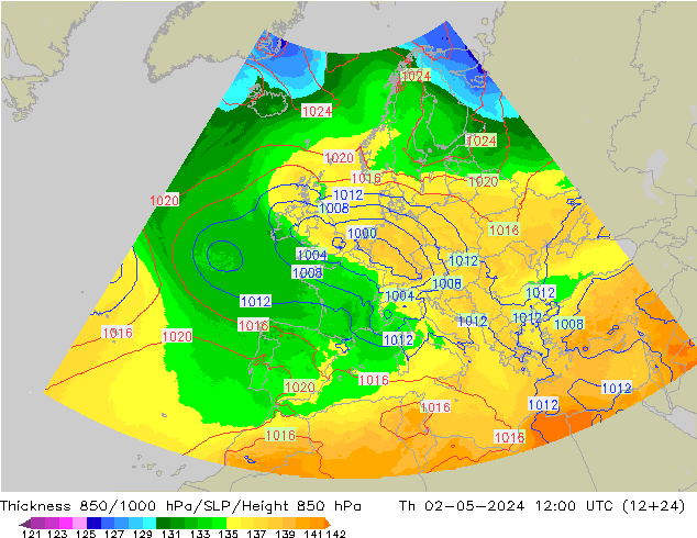 Thck 850-1000 гПа UK-Global чт 02.05.2024 12 UTC