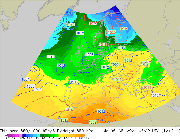 850-1000 hPa Kalınlığı UK-Global Pzt 06.05.2024 06 UTC