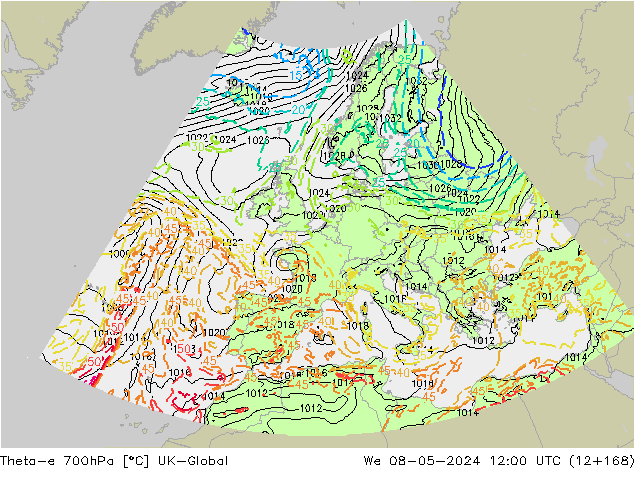 Theta-e 700hPa UK-Global  08.05.2024 12 UTC