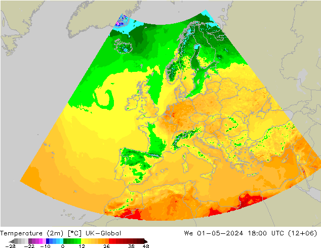 Temperaturkarte (2m) UK-Global Mi 01.05.2024 18 UTC