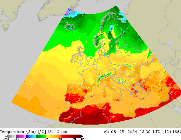 température (2m) UK-Global mer 08.05.2024 12 UTC