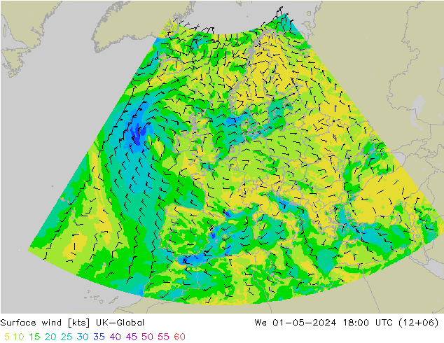 Surface wind UK-Global We 01.05.2024 18 UTC