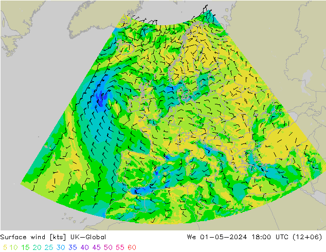 Vent 10 m UK-Global mer 01.05.2024 18 UTC