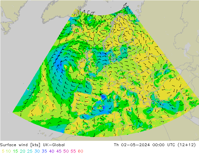 Viento 10 m UK-Global jue 02.05.2024 00 UTC