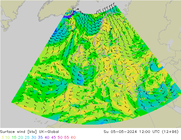 Surface wind UK-Global Su 05.05.2024 12 UTC