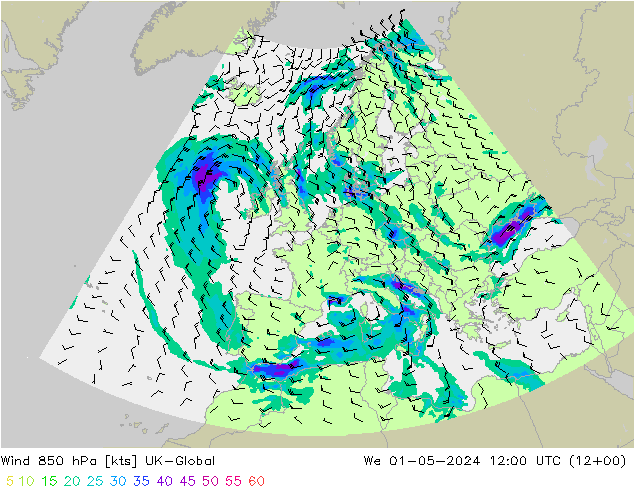 Wind 850 hPa UK-Global Mi 01.05.2024 12 UTC