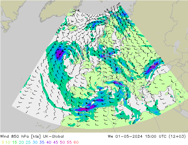 Vent 850 hPa UK-Global mer 01.05.2024 15 UTC