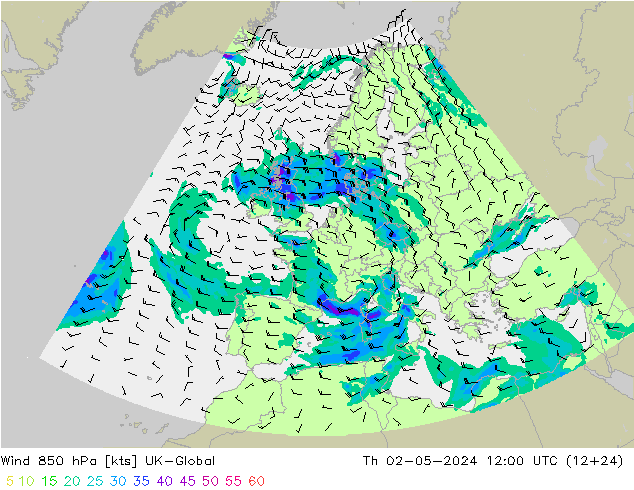 Wind 850 hPa UK-Global Do 02.05.2024 12 UTC