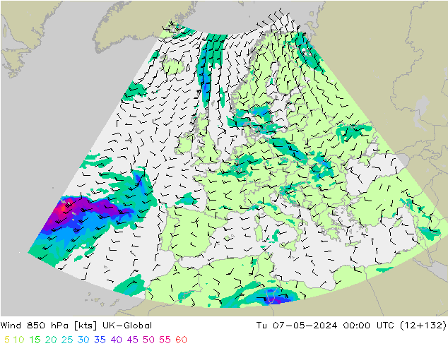 Rüzgar 850 hPa UK-Global Sa 07.05.2024 00 UTC