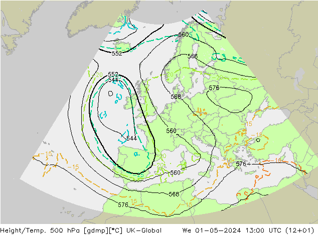 Height/Temp. 500 hPa UK-Global  01.05.2024 13 UTC