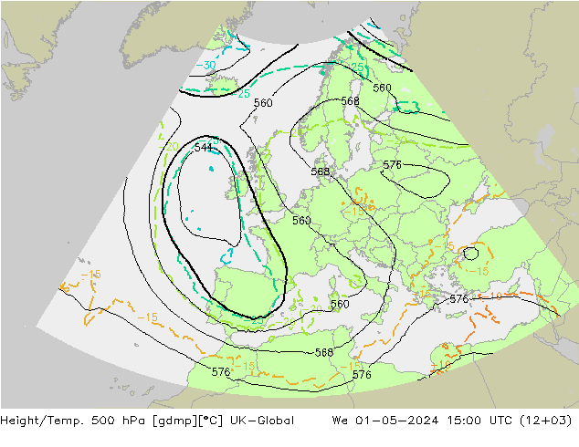 Height/Temp. 500 hPa UK-Global śro. 01.05.2024 15 UTC