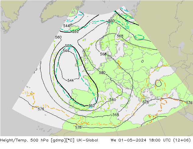 Height/Temp. 500 hPa UK-Global We 01.05.2024 18 UTC