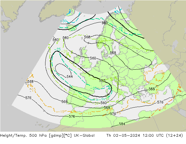 Height/Temp. 500 hPa UK-Global Do 02.05.2024 12 UTC