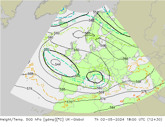 Height/Temp. 500 hPa UK-Global Th 02.05.2024 18 UTC