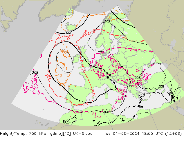 Height/Temp. 700 hPa UK-Global Mi 01.05.2024 18 UTC