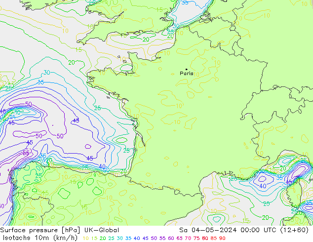 Isotachs (kph) UK-Global So 04.05.2024 00 UTC