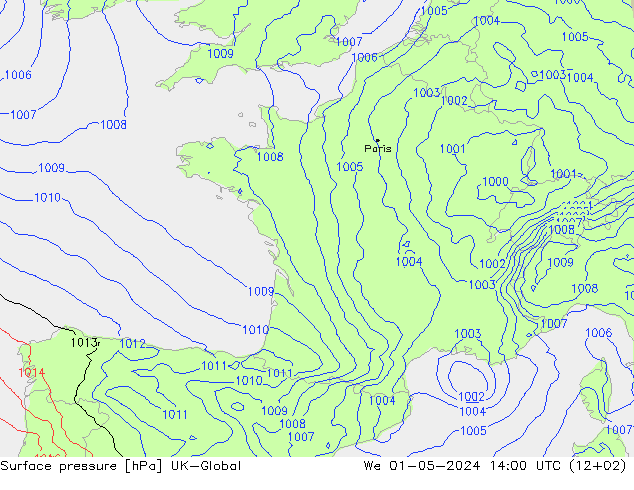 Pressione al suolo UK-Global mer 01.05.2024 14 UTC