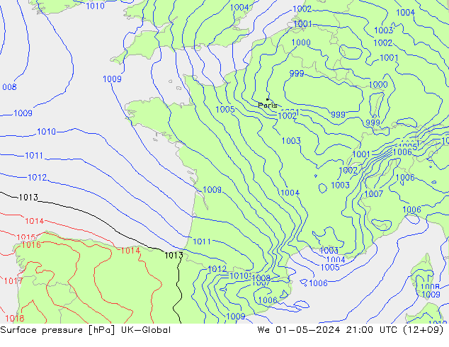 Luchtdruk (Grond) UK-Global wo 01.05.2024 21 UTC