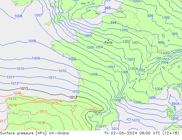 Presión superficial UK-Global jue 02.05.2024 06 UTC